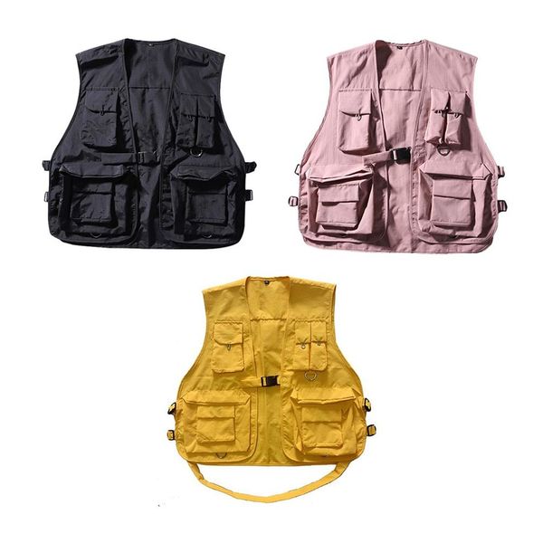 

fashion multiple pockets cargo vest hip hop vest men dad core sleeveless jacket gilet men's/women streetwear, Black