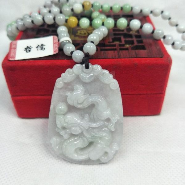 

lockets zheru jewelry pure natural jadeite light green dragon pendant tricolor bead necklace send class a certificate, Silver