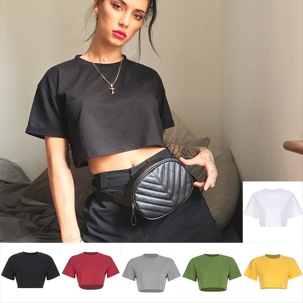 

t-shirt women's 2019 summer white t-shirt round collar loose short navel all-match pure color black short sleeve women
