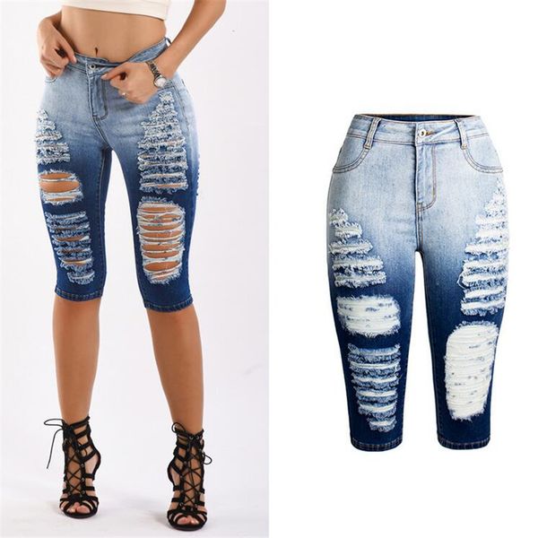 

jeans women ripped hole summer street leisure zipper shorts womens elastic short pants basic gradient blue jean femme plus size