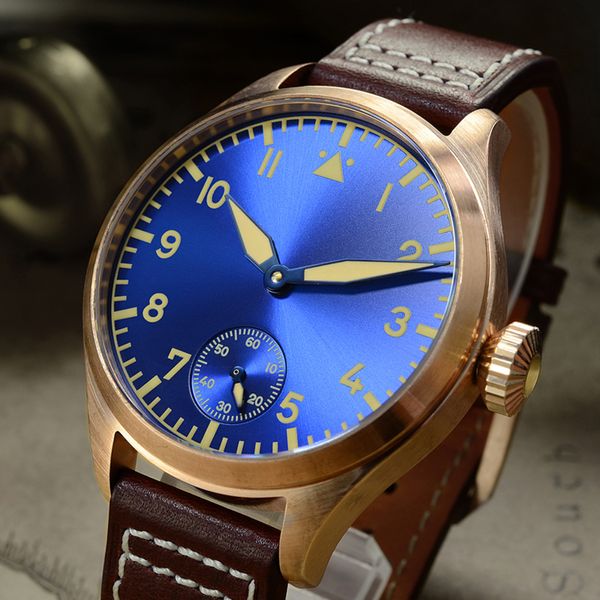 

san martin men's mechanical hand wind watch 100m water resistant 44mm in diameter vintage bronze pilot wristwatch sapphire glass, Slivery;brown