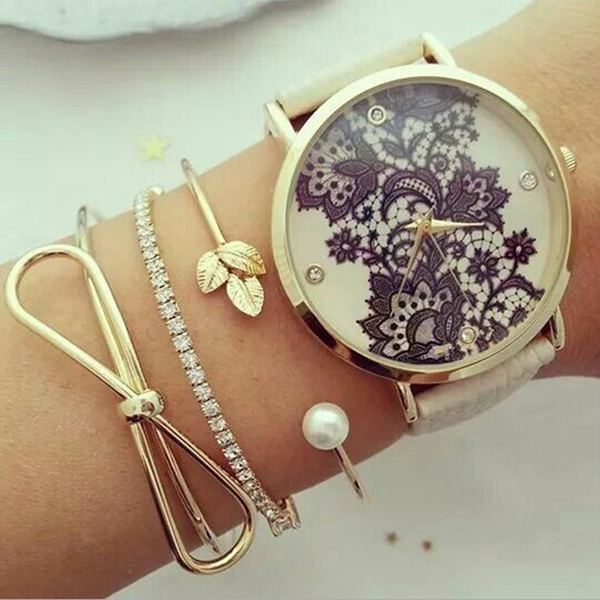 

women silver gold love bow pineapple opening bracelets jewelry chain jewelry accessories watch decoration, Black