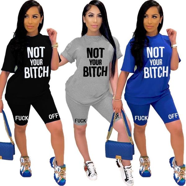 

не ваш сука письмо отпечатано вскользь с коротким рукавом женский костюм 2 шт костюм беговые костюмы топы и брюки, Gray