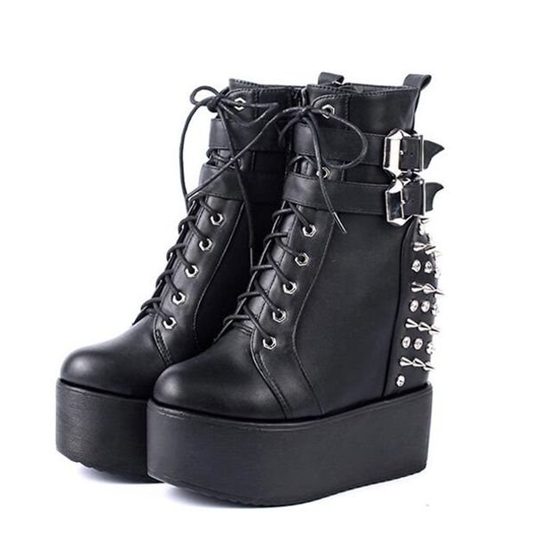 

mhysa 2019 wedges ankle boots white black rubber sole shoes platform boots women lacing autumn platform heels shoes heel 14 cm