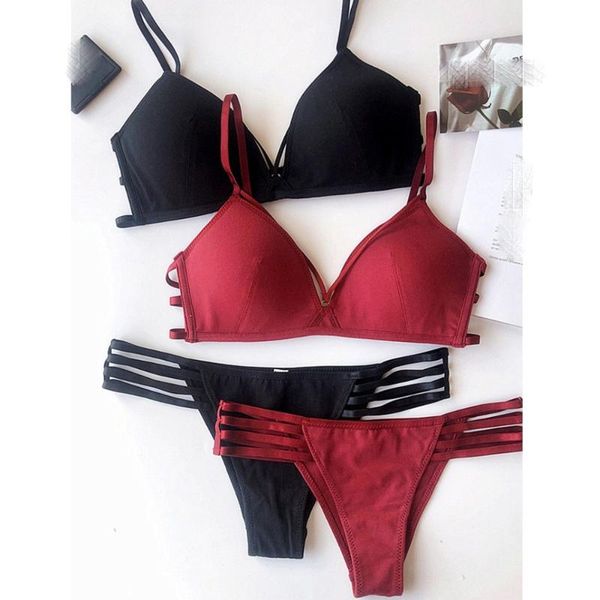 

hollow out women bralette and panties thin cup cotton bra set wireless black red green ladies push up underwear lingerie, Red;black