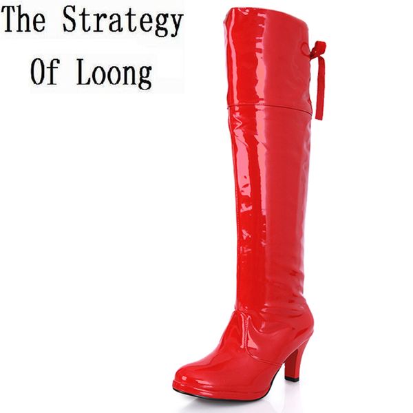 

2019 new arrival women autumn winter thin high heel patent leather lace-up fashion over the knee boots plus size 30-48 sxq0718, Black