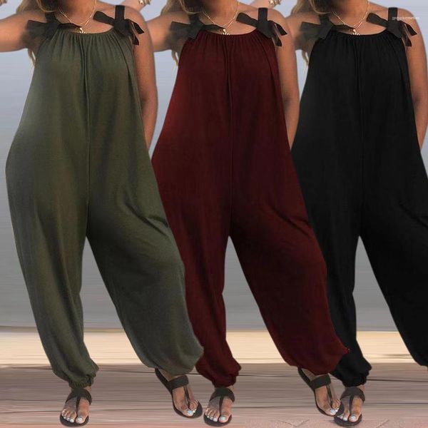 

loose casual jumpsuits knot bow designer female beach summer playsuits rompers women solid, Black;white