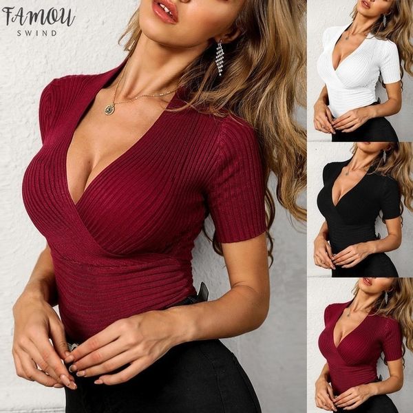 

womens summer casual solid colors v neck knitting holiday t shirt short sleeve slim elastic tee clothes p3, White