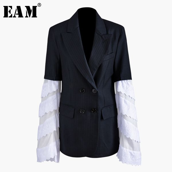 

eam] loose fit black striped cuff lace spliced jacket new lapel long sleeve women coat fashion tide autumn winter 2019 jz498, Black;brown