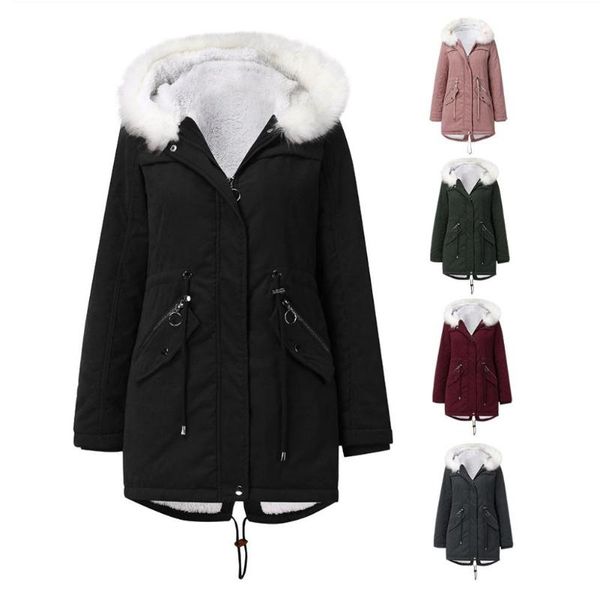 

women winter faux fur collar hooded warm fleece midi coat cotton jacket outwear, Black