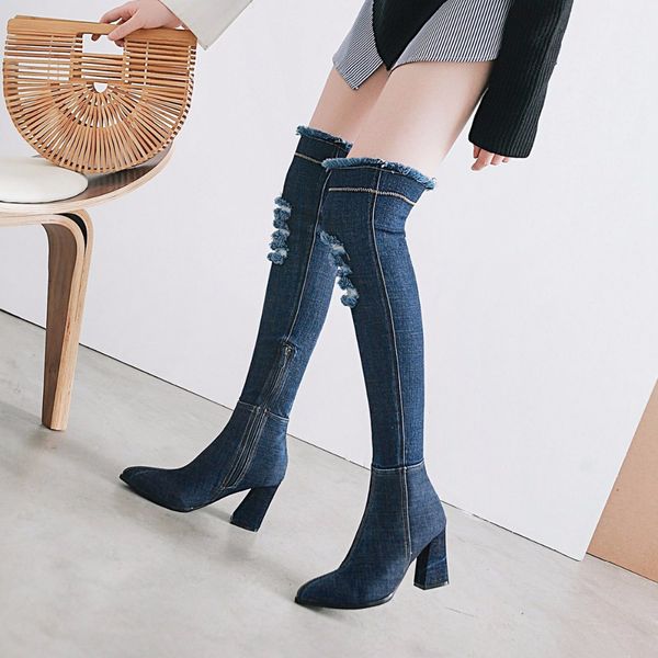 

s.romance women boots over the knee plus size 34-43 high square heels female pumps office fashion woman shoes black blue sb071