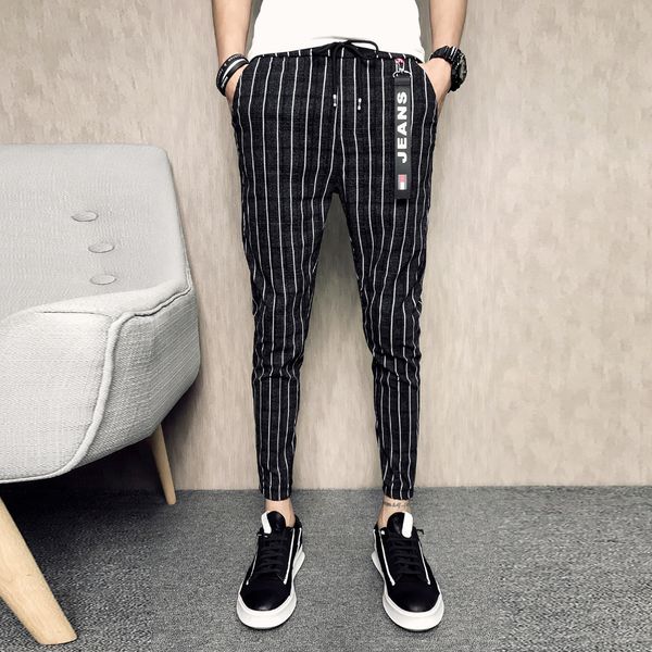 

new spring autumn slim fit casual striped men pants ankle length black men clothes track joggers man trouser