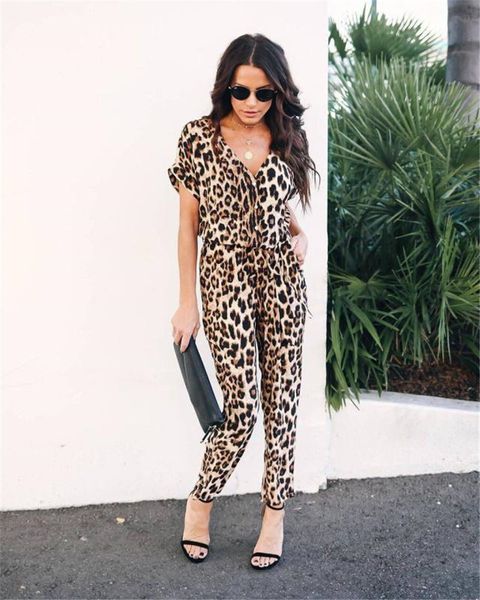 

womens leopard print jumpsuits with belt designer deep v neck pencil pants onesies ladies casual clothes, Black;white