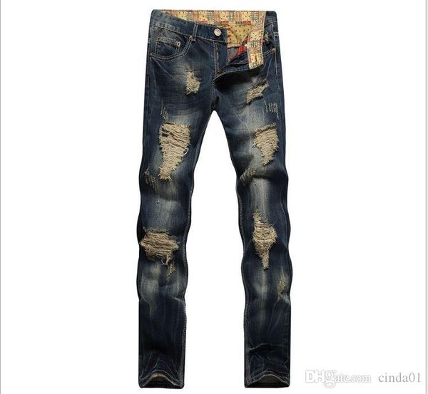 

конструктор мужские джинсы big hole нищий старый стиль straight slim fit европейский wiind all season джинсы, Blue