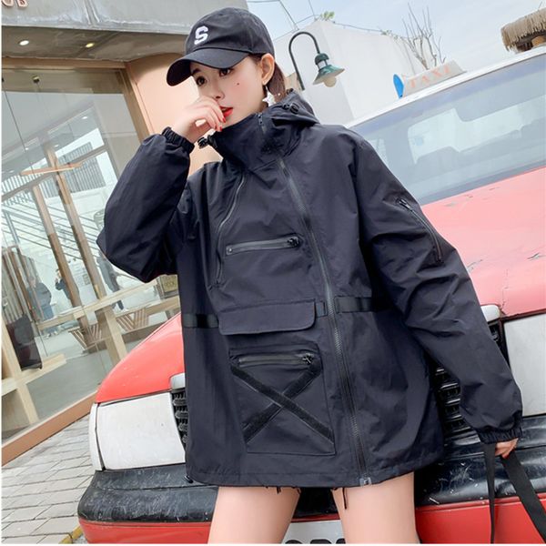 

2020 new casual hooded trench coat women spring autumn oversize black zipper pocket windbreaker coats female outerwear, Tan;black