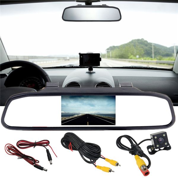 Freeshipping Car HD Video Monitor di parcheggio automatico LED Visione notturna Retromarcia CCD Telecamera posteriore per auto con monitor per specchietto retrovisore per auto da 4,3 pollici
