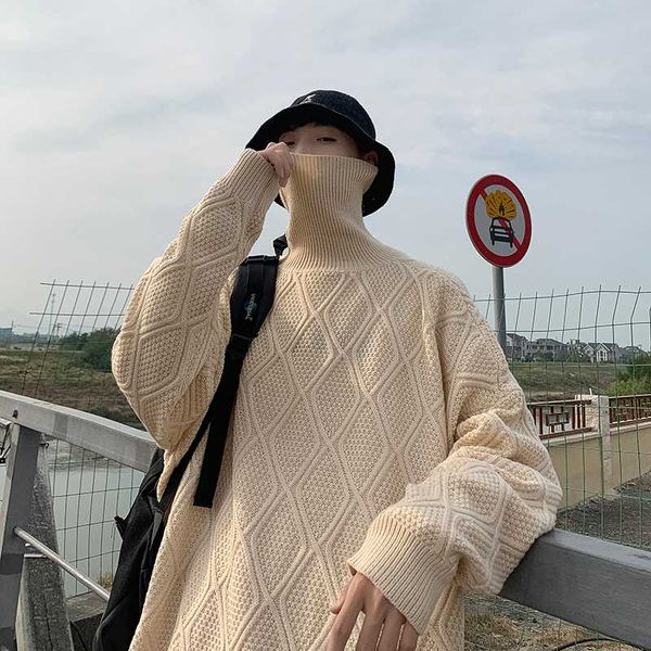 

winter turtleneck sweater men's warm fashion solid color casual knitted pullover man streetwear loose long sleeve sweater male, White;black