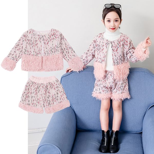 

girls trendy elegant clothing set 2 pcs spring autumn children's sweet princess woolen suit kids fur spliced coat + shorts, White