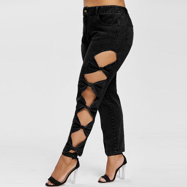 

rosegal plus size high waisted skinny jeans women hollow out pemcil denim plants trousers bow black ripped jeans femme 2019, Blue