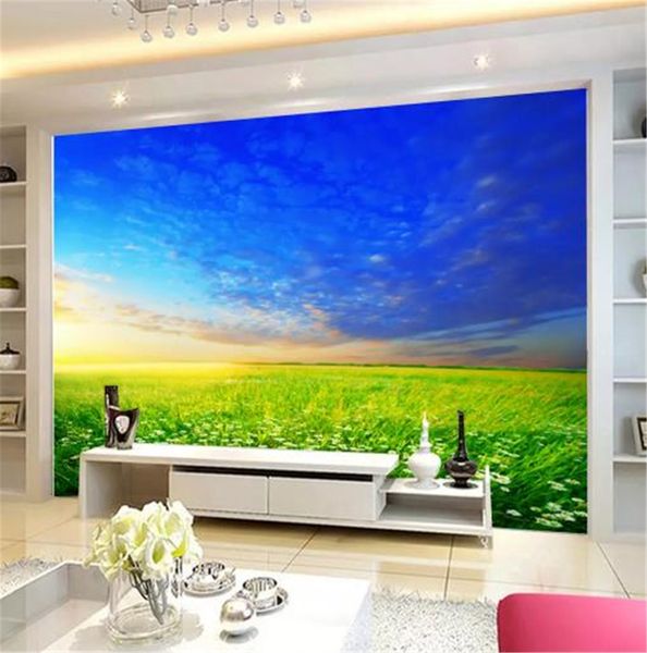 3D papel de parede céu azul, nuvens brancas, montanhas verdes e bela paisagem interior tv fundo parede decoração mural papel de parede