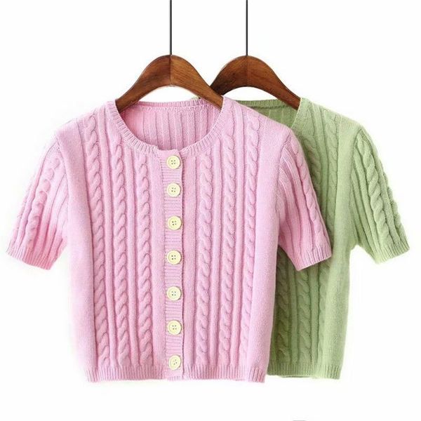 

2020 весна женщин новой шея с коротким рукавом ретро twist крючок outer wear однобортной высокой талией navel вязать свитер, White