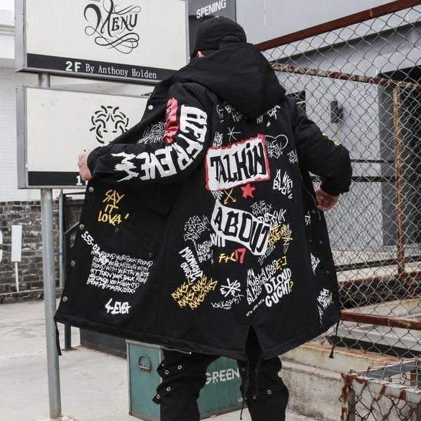 

fashion-2017 winter men's new parkas jacket graffiti print hooded cotton wadded coats high street hip hop long padded thick outerwear, Black