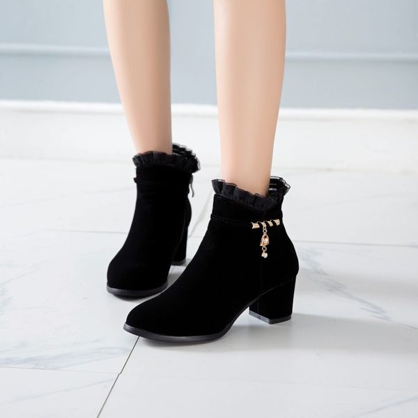 

big size 9 10 11-17 boots women shoes ankle boots for women ladies shoes woman winter lace drill pendant side zipper, Black