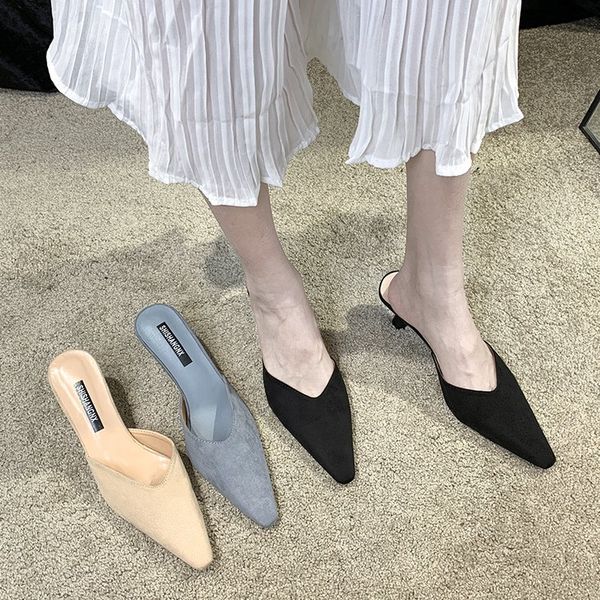 

thin heels pointed toe shallow shoes slippers casual slipers women female mule med loafers slides square heel luxury 2020 mules, Black