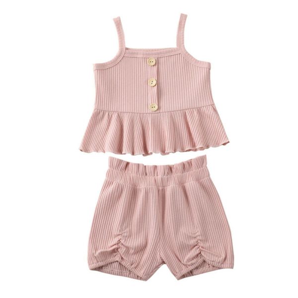 

2020 summer toddler baby girls casual clothes set solid striped strap mini dress +shorts 2pcs little girls sweet pink outfit, White