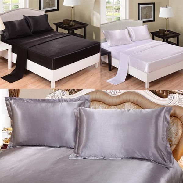 

3pcs silk-like satin smooth bed sheet pillow case set breathable home textiles