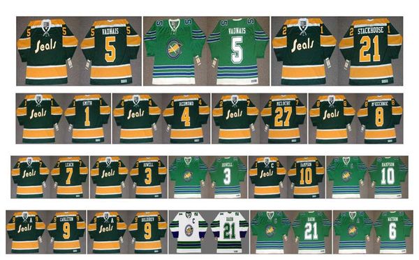 

vintage oakland seals jerseys 3 harry howell 10 ted hampson 9 wayne carleton 9 ivan boldirev 21 bobby baun 6 bryan watson retro ccm hockey, Black;red