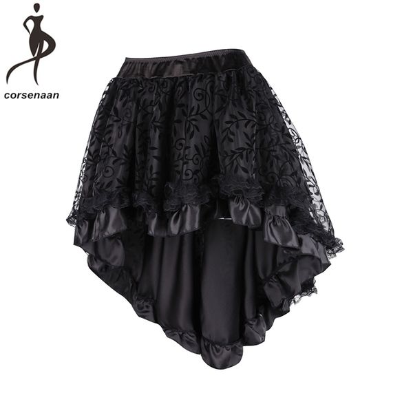 Saias Mulheres Negras Victorian Assimétrico Ruffled Cetim Lace Trim Saias Góticas Vintage Corset Steampunk Saia Cosplay Trajes 937 # MX