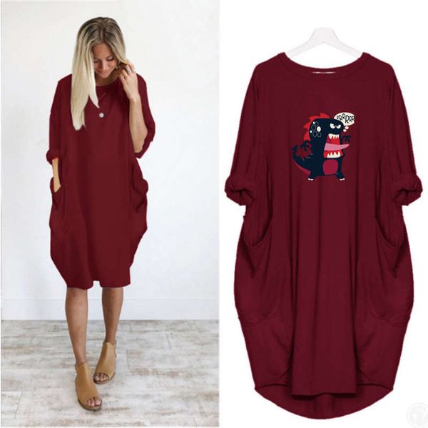 

designer womens dress new brand one piece loose cloth knee length dress with dinosaur cartoon printing casual style size s-5xl wholesales 0, Black;gray