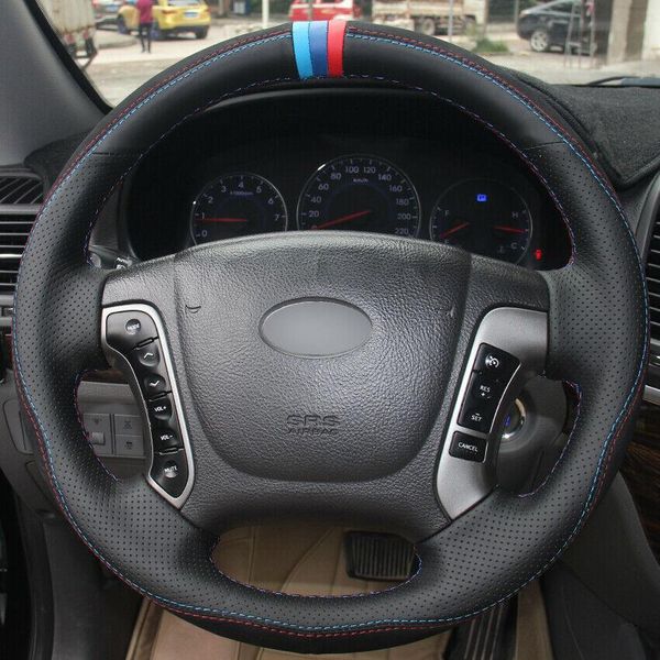 

black leather diy car steering wheel cover for hyundai santa fe 2006-12