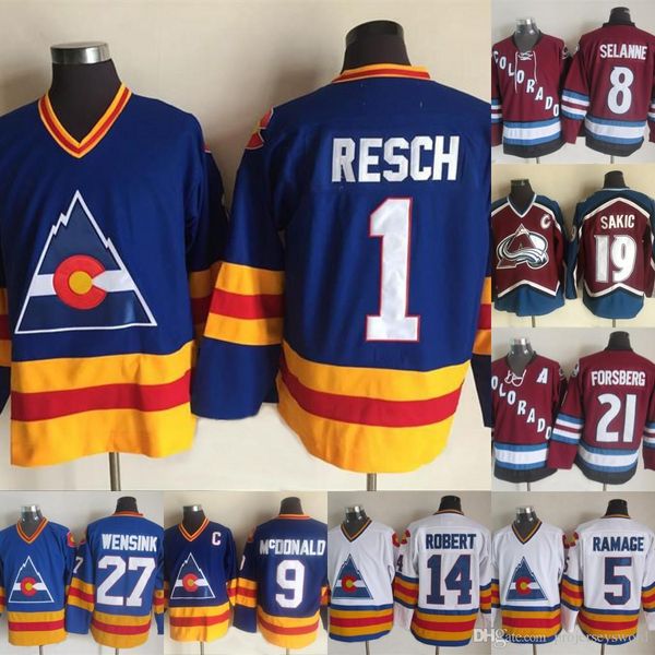 

Colorado Avalanche 9 Lanny McDonald 33 Patrick Roy 8 Teemu Selanne 1 Chico Resch 5 Rob Ramage 27 John Wensink 14 Rene Robert Hockey Jerseys