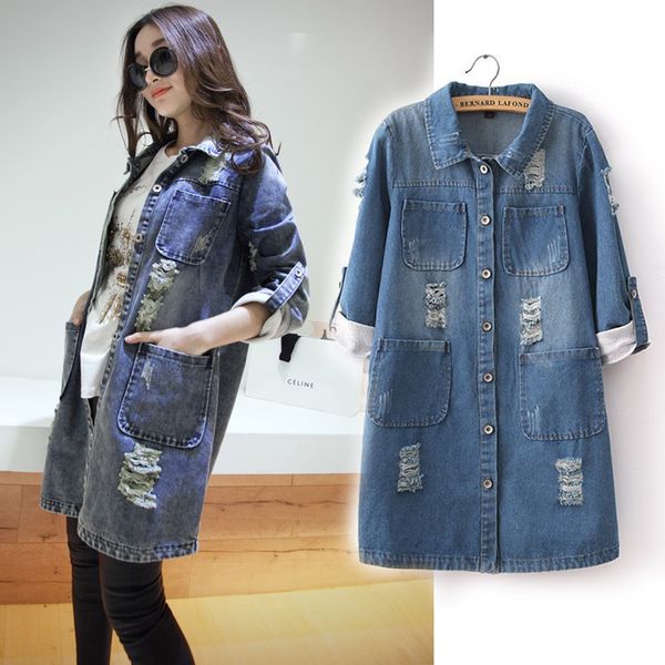 

new 2019 women ladies plus size bf ripped vintage long denim cardigan jacket jean feminina turn down collar hole 3/4 sleeve coat, Black;brown