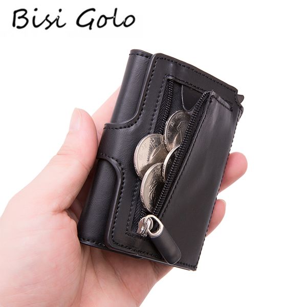 

bisi goro -up rfid black wallet id card case men rfid button holder metal aluminum auto coin purse, Red;black