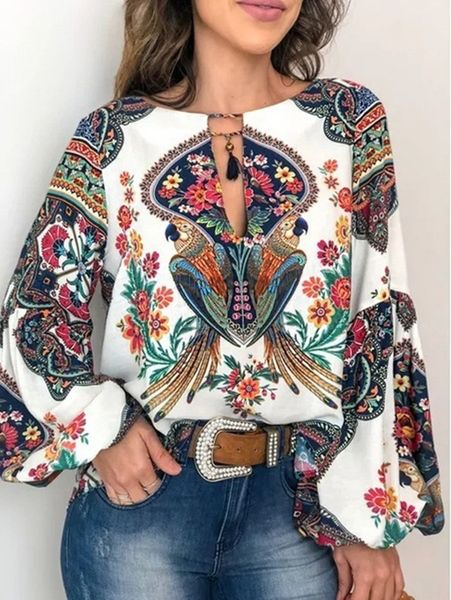 

plus size women blouse summer casual floral print blusa lantern sleeve printed loose pullover o-neck blouse, White