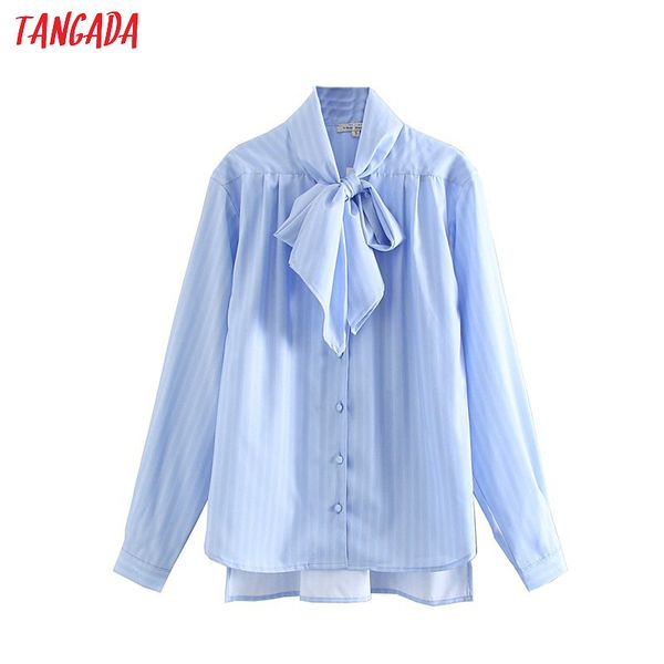 

tangada women french style striped print shirts bow neck long sleeve female elegant office lady blouses je64, White