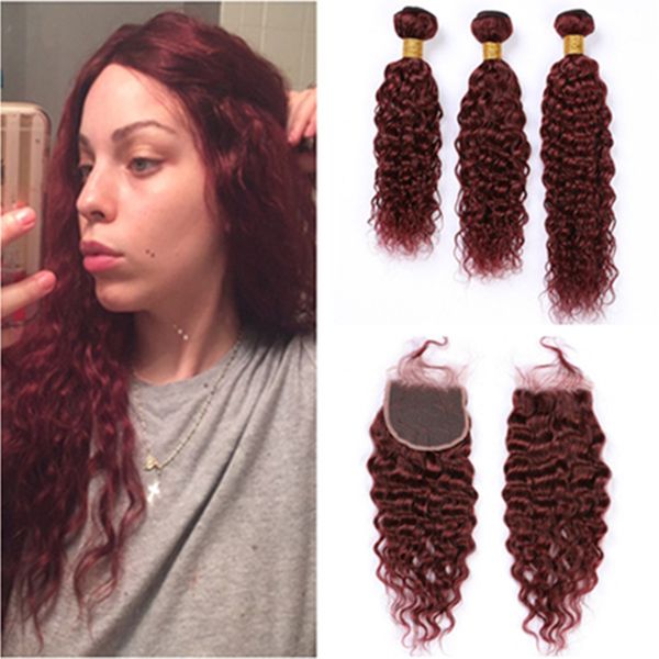 Wine Red Wet And Wavy Hair Weaves Human Hair 3bundles With Closure