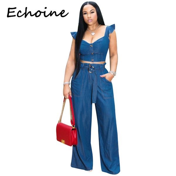 

echoine cowboy women sets butterfly sleeve short crop +long wide pants backless cut out button women two piece outfits, White