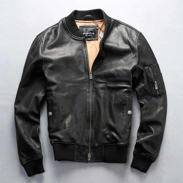 

2020 fashion genuine leather baseball jacket men black sheepskin leather coat for men spring casual jacket male