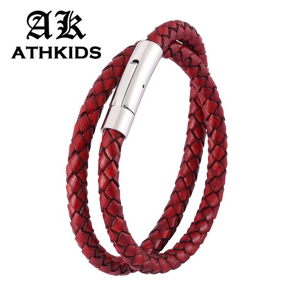 

урожай двухслойный ретро красный кожаный плетеный браслет из нержавеющей стали защелками мужчины женщины wristband новые ювелирные подарки p, Golden;silver