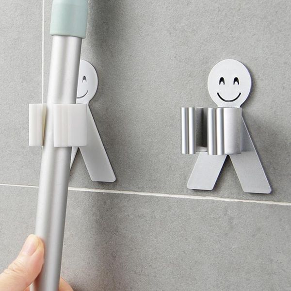 

smiling broom mop holder self-adhesive mounted storage hook abs waterproof storage organizer hanger for kitchen bathroom