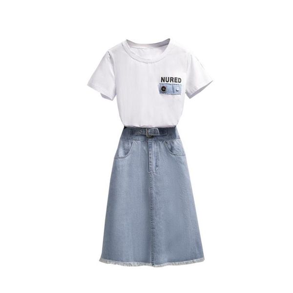 

suit summer 2020 denim skirt new white sweatshirt two-piece bull-puncher clothing set women outfit leisure suit casual lady