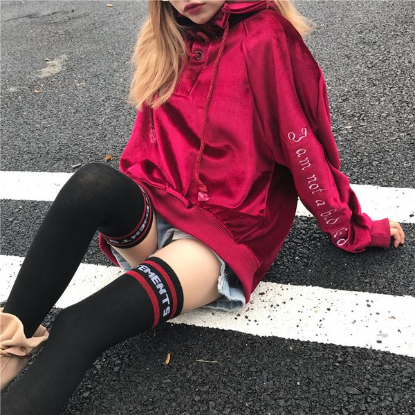 

streetwear harajuku letters embroidery velvet neckline lace up oversize fleece pullover sweatshirts, Black