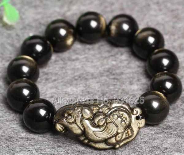 

beautiful natural gold obsidian 8mm - 18mm beads + obsidian carved lucky pixiu stretch elastic bracelet fashion jewelry, Black