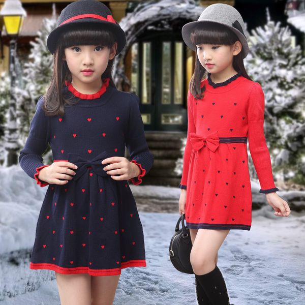 

kids dresses for girls winter knitted sweater girl dress christmas party long sleeve children clothes new year clothing 9 10 12 t200117, Red;yellow