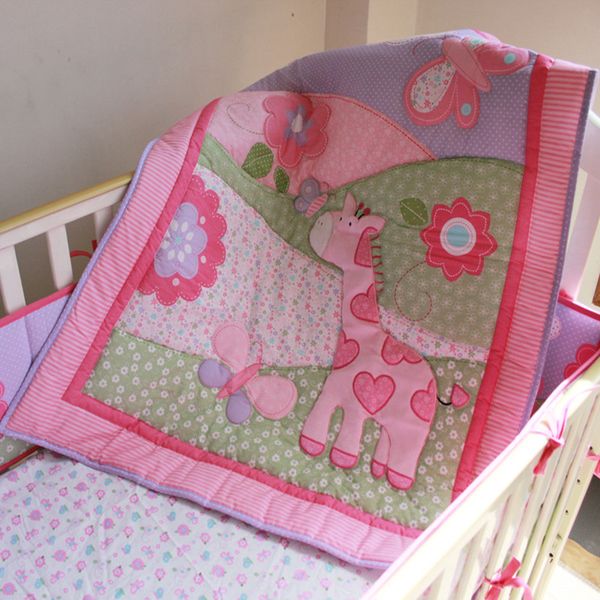 

new 7pcs baby bedding set 3d animal pattern ins crib bedding set 100% cotton pink deer cot baby quilt bed around