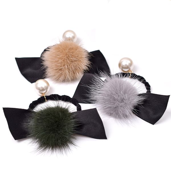 

mink hair ball hair ties head rope 2018 new rubber band bow tie pearl pendant elastic bands women fashion accessories
